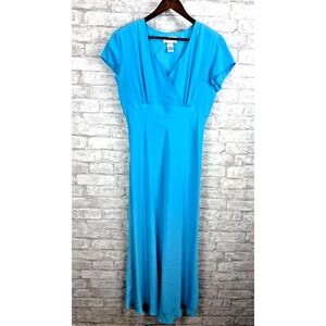 Vintage 100% Silk Maxi Dress 10 Aqua Blue Empire Waist Surplice Front A Line Y2K